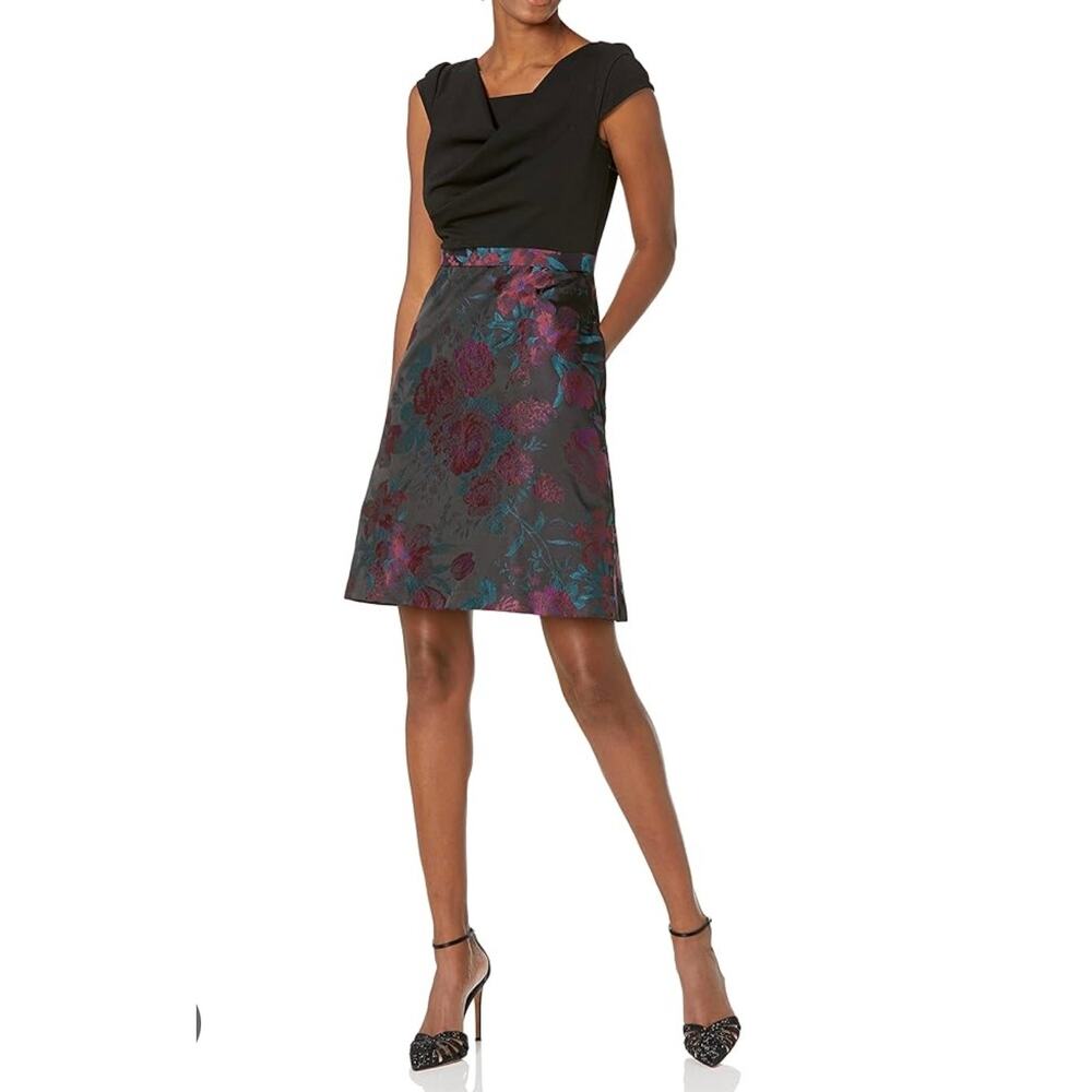 NEW NWT Adrianna Papell Knit Crepe and Jacquard Dress Black Floral Size 2 - Picture 2 of 8